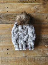 Load image into Gallery viewer, Lemon Tree Lane Adult Braided Cable Beanie  | &quot;Wheat&quot; with Classic Striped Brown Faux-Fur Pom Pom