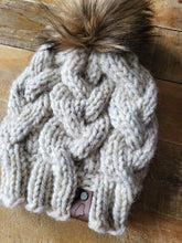 Load image into Gallery viewer, Lemon Tree Lane Adult Braided Cable Beanie  | &quot;Wheat&quot; with Classic Striped Brown Faux-Fur Pom Pom