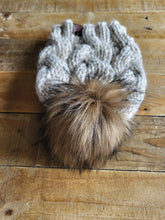 Load image into Gallery viewer, Lemon Tree Lane Adult Braided Cable Beanie  | &quot;Wheat&quot; with Classic Striped Brown Faux-Fur Pom Pom