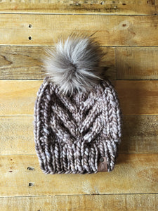 Lemon Tree Lane Adult Luxury Kettle-Dyed Malabrigo Merino Wool "Char Char" Cable Beanie | "Sombras" colorway with Cool Grey Faux-Fur Pom Pom