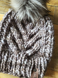 Lemon Tree Lane Adult Luxury Kettle-Dyed Malabrigo Merino Wool "Char Char" Cable Beanie | "Sombras" colorway with Cool Grey Faux-Fur Pom Pom