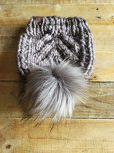 Load image into Gallery viewer, Lemon Tree Lane Adult Luxury Kettle-Dyed Malabrigo Merino Wool &quot;Char Char&quot; Cable Beanie | &quot;Sombras&quot; colorway with Cool Grey Faux-Fur Pom Pom