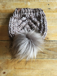 Lemon Tree Lane Adult Luxury Kettle-Dyed Malabrigo Merino Wool "Char Char" Cable Beanie | "Sombras" colorway with Cool Grey Faux-Fur Pom Pom