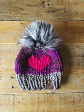 Load image into Gallery viewer, Lemon Tree Lane Baby 6-12 Months Luxury Kettle-Dyed Merino Wool Heart Beanie | Grey/Purple/Pink with Black and Grey Spotted Faux-Fur Pom Pom