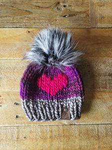 Lemon Tree Lane Baby 6-12 Months Luxury Kettle-Dyed Merino Wool Heart Beanie | Grey/Purple/Pink with Black and Grey Spotted Faux-Fur Pom Pom