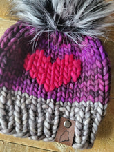 Load image into Gallery viewer, Lemon Tree Lane Baby 6-12 Months Luxury Kettle-Dyed Merino Wool Heart Beanie | Grey/Purple/Pink with Black and Grey Spotted Faux-Fur Pom Pom