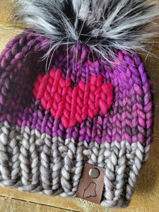 Lemon Tree Lane Baby 6-12 Months Luxury Kettle-Dyed Merino Wool Heart Beanie | Grey/Purple/Pink with Black and Grey Spotted Faux-Fur Pom Pom