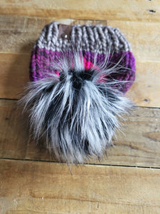 Lemon Tree Lane Baby 6-12 Months Luxury Kettle-Dyed Merino Wool Heart Beanie | Grey/Purple/Pink with Black and Grey Spotted Faux-Fur Pom Pom