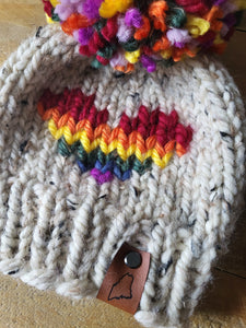 Lemon Tree Lane Baby Beanie 6-18 Months | Oatmeal Tweed with Rainbow Heart and Jumbo Rainbow Fluff Pom Pom