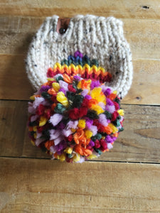 Lemon Tree Lane Baby Beanie 6-18 Months | Oatmeal Tweed with Rainbow Heart and Jumbo Rainbow Fluff Pom Pom