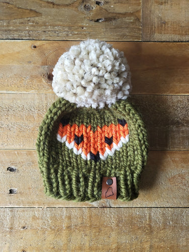 Lemon Tree Lane Baby Beanie 6-12 Months | Fox Baby Beanie- Olive Green with Fox Face design and Jumbo Fluff Pom Pom