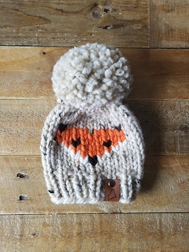 Lemon Tree Lane Baby Beanie 3-6 Months | Fox Baby Beanie- Classic Oatmeal Tweed with Fox Face design and Jumbo Fluff Pom Pom