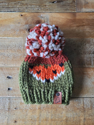 Lemon Tree Lane Baby Beanie 0-3 Months | Fox Baby Beanie- Olive Green and Rust with Fox Face design and Jumbo Fluff Pom Pom
