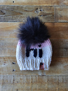 Lemon Tree Lane Baby Beanie 6-18 Months | Cream/Pink Colorblock with Black "Hi" accent and XL Black Faux Fur Pom Pom