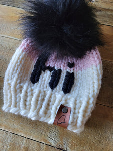 Lemon Tree Lane Baby Beanie 6-18 Months | Cream/Pink Colorblock with Black "Hi" accent and XL Black Faux Fur Pom Pom