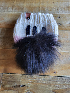 Lemon Tree Lane Baby Beanie 6-18 Months | Cream/Pink Colorblock with Black "Hi" accent and XL Black Faux Fur Pom Pom