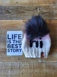 Lemon Tree Lane Baby Beanie 6-18 Months | Cream/Pink Colorblock with Black "Hi" accent and XL Black Faux Fur Pom Pom