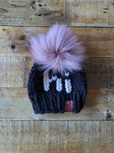 Load image into Gallery viewer, Lemon Tree Lane Baby Beanie 3-6 Months | Black Beanie with White &quot;Hi&quot; accent and Rose Blush Faux Fur Pom Pom