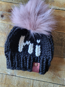 Lemon Tree Lane Baby Beanie 3-6 Months | Black Beanie with White "Hi" accent and Rose Blush Faux Fur Pom Pom