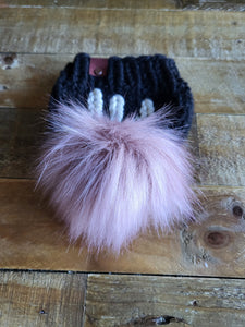 Lemon Tree Lane Baby Beanie 3-6 Months | Black Beanie with White "Hi" accent and Rose Blush Faux Fur Pom Pom