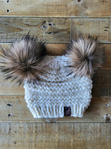 Lemon Tree Lane Youth 4-8 Years Double Pom Beanie | Cream with Double Coyote Faux-Fur Pom Poms