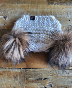 Lemon Tree Lane Youth 4-8 Years Double Pom Beanie | Cream with Double Coyote Faux-Fur Pom Poms