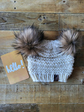 Load image into Gallery viewer, Lemon Tree Lane Youth 4-8 Years Double Pom Beanie | Cream with Double Coyote Faux-Fur Pom Poms