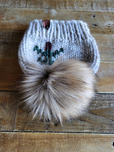Lemon Tree Lane Adult Rustic Pines Hat | "Wheat" with Pine Tree Design/Eclipse Blonde Faux Fur Pom Pom
