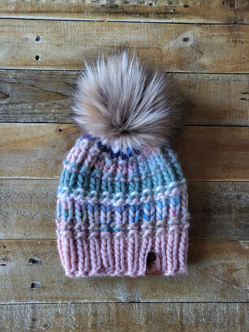 Lemon Tree Lane Adult Luxury Peruvian Wool Beanie | Pastel Pink, Sage, Cream and Blue with Oversized Blonde Faux-Fur Pom Pom