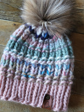 Load image into Gallery viewer, Lemon Tree Lane Adult Luxury Peruvian Wool Beanie | Pastel Pink, Sage, Cream and Blue with Oversized Blonde Faux-Fur Pom Pom