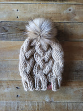 Load image into Gallery viewer, Lemon Tree Lane Adult Braided Cable Beanie  | &quot;Peanut/Tan&quot; with Classic Blonde Faux-Fur Pom Pom