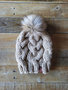 Lemon Tree Lane Adult Braided Cable Beanie  | "Peanut/Tan" with Classic Blonde Faux-Fur Pom Pom