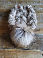 Load image into Gallery viewer, Lemon Tree Lane Adult Braided Cable Beanie  | &quot;Peanut/Tan&quot; with Classic Blonde Faux-Fur Pom Pom