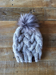 Lemon Tree Lane Adult Braided Cable Beanie  | "Wheat" with "Grey Mix" Faux-Fur Pom Pom