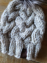 Load image into Gallery viewer, Lemon Tree Lane Adult Braided Cable Beanie  | &quot;Wheat&quot; with &quot;Grey Mix&quot; Faux-Fur Pom Pom