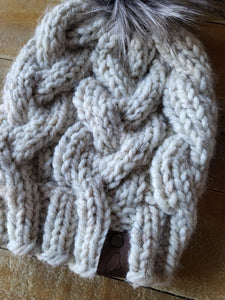 Lemon Tree Lane Adult Braided Cable Beanie  | "Wheat" with "Grey Mix" Faux-Fur Pom Pom