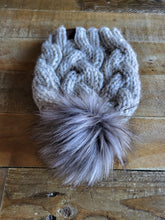 Load image into Gallery viewer, Lemon Tree Lane Adult Braided Cable Beanie  | &quot;Wheat&quot; with &quot;Grey Mix&quot; Faux-Fur Pom Pom