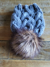 Load image into Gallery viewer, Lemon Tree Lane Adult Braided Cable Beanie  | Blue-Grey with Classic Striped Brown Faux-Fur Pom Pom