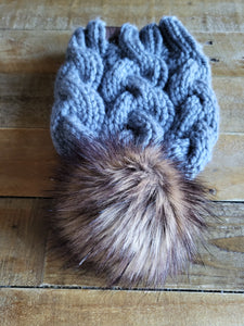 Lemon Tree Lane Adult Braided Cable Beanie  | Blue-Grey with Classic Striped Brown Faux-Fur Pom Pom