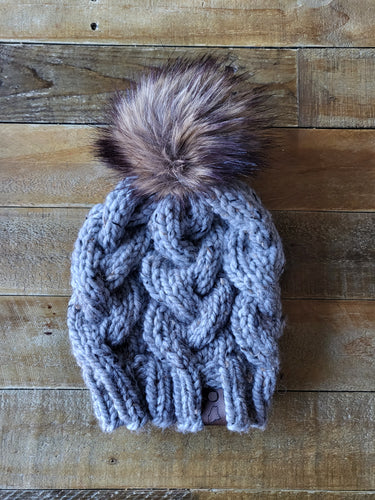 Lemon Tree Lane Adult Braided Cable Beanie  | Grey Marble Tweed with Classic Striped Brown Faux-Fur Pom Pom