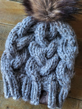 Load image into Gallery viewer, Lemon Tree Lane Adult Braided Cable Beanie  | Grey Marble Tweed with Classic Striped Brown Faux-Fur Pom Pom