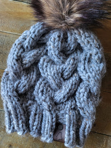 Lemon Tree Lane Adult Braided Cable Beanie  | Grey Marble Tweed with Classic Striped Brown Faux-Fur Pom Pom