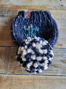 Lemon Tree Lane Baby Beanie 3-6 Months | Pine Tree Baby Beanie- Black Tweed with Tree design and Black/Tan Puff Pom Pom