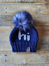 Load image into Gallery viewer, Lemon Tree Lane Youth Beanie 4-8 Years | Navy Blue Beanie with Wheat &quot;Hi&quot; accent and XL Blue/Black/White Faux Fur Pom Pom