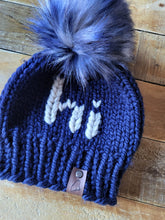 Load image into Gallery viewer, Lemon Tree Lane Youth Beanie 4-8 Years | Navy Blue Beanie with Wheat &quot;Hi&quot; accent and XL Blue/Black/White Faux Fur Pom Pom