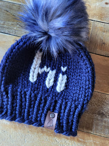 Lemon Tree Lane Youth Beanie 4-8 Years | Navy Blue Beanie with Wheat "Hi" accent and XL Blue/Black/White Faux Fur Pom Pom