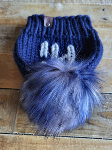 Lemon Tree Lane Youth Beanie 4-8 Years | Navy Blue Beanie with Wheat "Hi" accent and XL Blue/Black/White Faux Fur Pom Pom