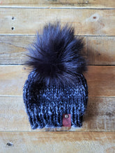 Load image into Gallery viewer, Lemon Tree Lane Baby Beanie 6-12 Months | Black/Grey Tweed with Oversized Black Faux Fur Pom Pom