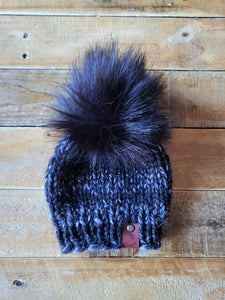 Lemon Tree Lane Baby Beanie 6-12 Months | Black/Grey Tweed with Oversized Black Faux Fur Pom Pom