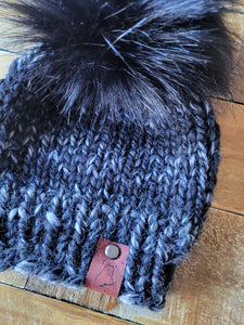 Lemon Tree Lane Baby Beanie 6-12 Months | Black/Grey Tweed with Oversized Black Faux Fur Pom Pom